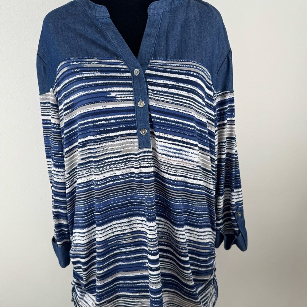 New Directions Navy and White Striped Button Down Shirt